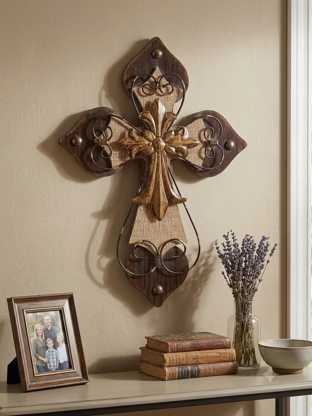 Ornate Brown and Gold Wall Cross Décor-wood and metal accent